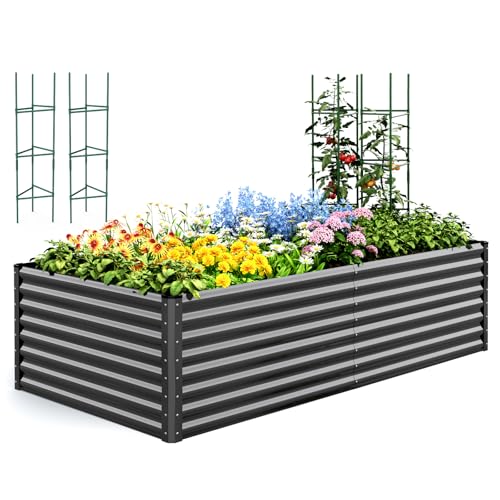 Image of Quictent Galvanized Raised Garden Bed 8x4x2 Ft Tall Metal Planter Box for Vegetables Bottomless for Backyard, 2 Tomato Cages Included, 22.04 inch Deep, Dark Grey