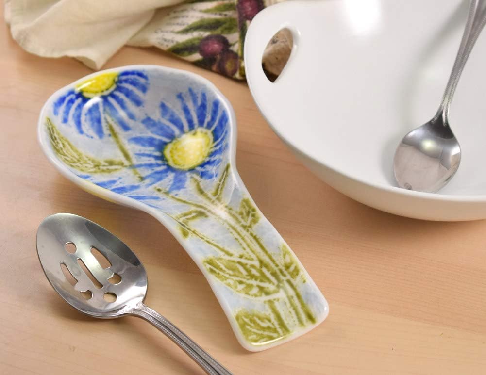 American Made Fused Glass Floral Kitchen Spoon Rest (Blue Daisy)