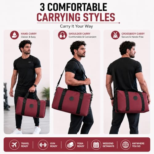 Image of Storite Travel Duffel Bag, Red, 42x14x33 cm | Water Resistant Nylon, Lightweight, Spacious Main Compartment, Adjustable Shoulder Strap, Travel, Gym, Weekend Trips