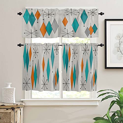 Chucoco Kitchen Curtains And Valances Set, 3 Pieces Rod Pocket Tier Curtains Retro Turquoise Diamond Color Mid Century Small Window Valance Sets Treatment Drapes Vintage #TOP2