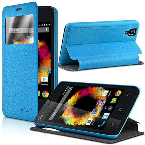 Seluxion - Housse Coque Etui S-View Fonction Support Couleur Bleu Clair pour Wiko Sunset + Film de Protection