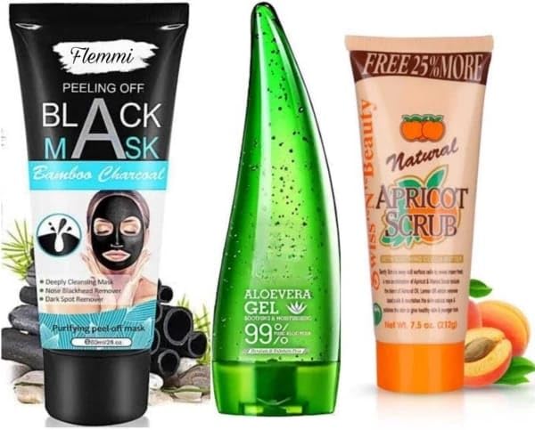 Glowhouse Activated Charcoal and Flemmi Glowing Skin Fash wash and Apricot Scrub Oil Control Anti-Blackhead Deep Cleansing Purifyin Peel Off Mask