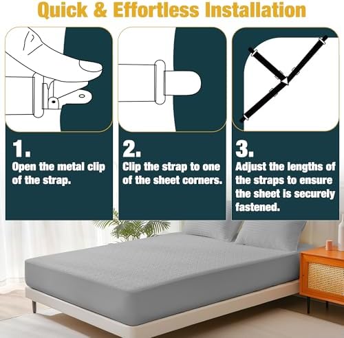 WHISPERING WONDER 4 Pack Bed Sheet Fasteners, Adjustable Mattress Cover Straps with Metal Clips, Elastic Bed Corner Holders, Non Slip Sheet Clips, Black Color - 2