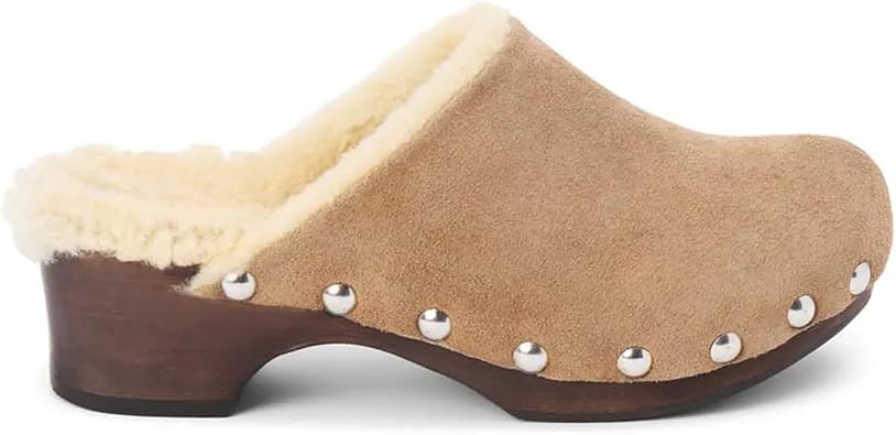 Womens Fur Lined Clogs Suede Round Toe Chunky Heel Fuzzy Studded Mules Comfortable Casual Slip On Winter Backless Flat Mules