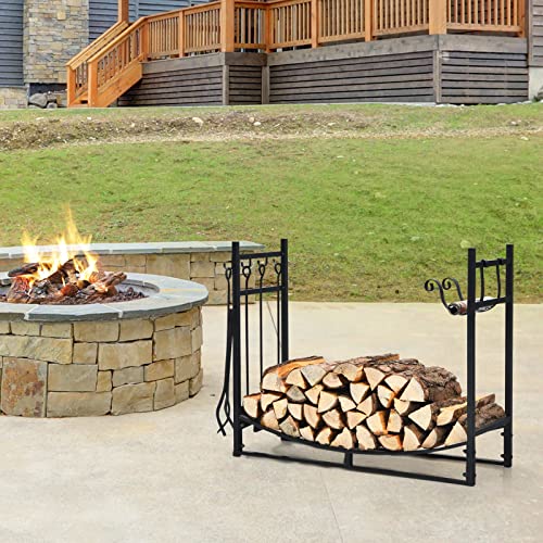TANGZON Firewood Rack, Heavy Duty Steel Fireplace Log Holder with Fireplace Tool Set, Indoor Outdoor Log Storage Stacking Stand (90 x 33 x 77 cm)