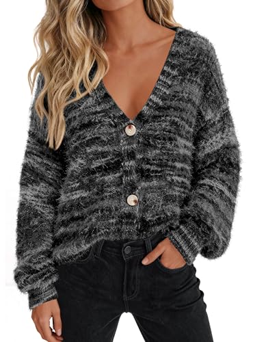 PRETTYGARDEN Womens Cardigan Sweaters Fall Fashion 2026 Striped Long Sleeve Button V Neck Knit Fuzzy Outerwear Winter Clothes (Black,Large)