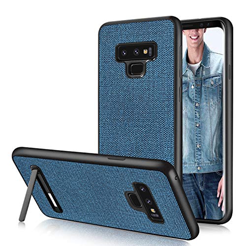DUEDUE Note 9 Case,Galaxy Note 9 Case, Shockproof Slim Hybrid Hard PC Cover Kickstand with Linen Cloth Fabric Design Canvas Leather Protective Case for Samsung Galaxy Note 9, Blue