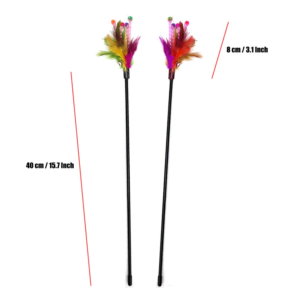 IUHKBH Juguetes de varita para gatos, 4 piezas interactivas para gatos, juguetes de plumas para gatos con plumas y campanas de color variable, varita de 20 pulgadas de largo para gatos y gatitos