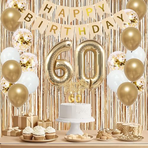 Image of Trgowaul 60th Birthday Decorations for Women, Banner, Sash and Crown, Cake Topper, 60 Number Balloon, Fringe Curtains, Champagne Gold 60th Birthday Party Supplies