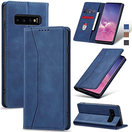Image of Jasonyu Flip Wallet Case for Samsung Galaxy S10,Leather Magnetic Folio Cover with Card Holder,Kickstand - TPU Shockproof Durable Protective Phone Case,Blue