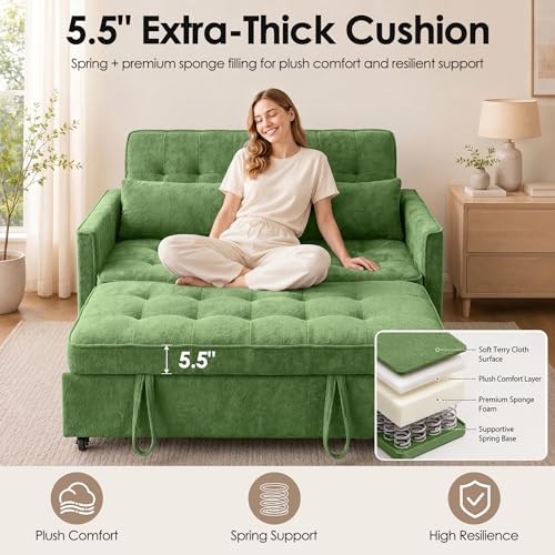 Image of Dreamzie 55'' 3 in 1 Convertible Sofa Bed with USB Charging Ports, Pull Out Couch with Adjustable Backrest and Side Pockets, Sleeper Sofa for Living Room, Apartment, RV, Easy Assembly - Green