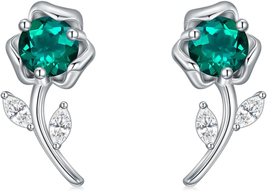 Lab-Created Emerald Stud Earrings for Women 925 Sterling Silver Jewelry Earrings for Mother Wife Her