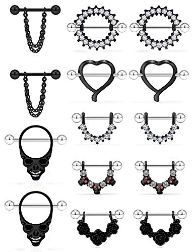 Kadogohno Black Nipple Rings for Women Nipple Piercing Jewelry 14G Nipple Rings Surgical Steel Screw Dangle Nipplerings Nipple Shield Ring Barbell Body Piercing Jewelry Set 5/8 Inch 16mm 7 Pairs