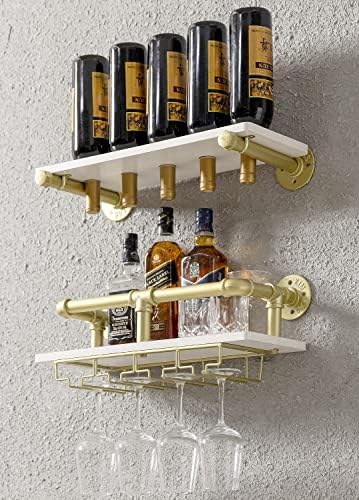 WAKI HOME Industrial Wall Mounted Wine Rack, Wine Bottle Stemware Glass Rack, Floating Wood Shelf Pipe Hanging Shelving with Glass Holders for Wine Glasses, Flutes, Mugs, Home Décor, Kitchen, Bar