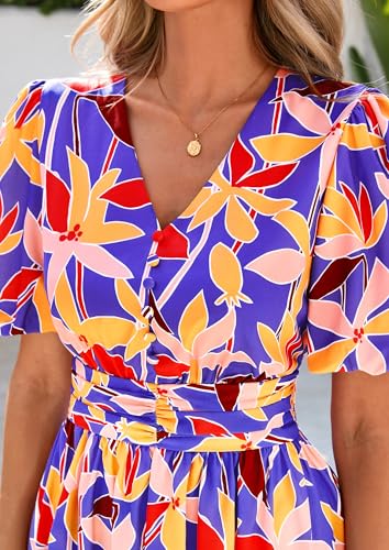 Image of PRETTYGARDEN Womes Boho Maxi Dresses 2026 Summer Spring V Neck Puff Sleeve Empire Waist A Line Flowy Long Beach Floral Dress