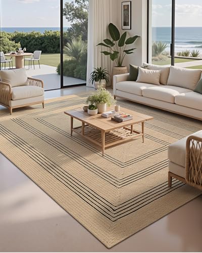 Image of Handmade Rectangular Jute Carpet Black line Beige - Natural Fiber Rug for Living Room & Bedroom | Eco-Friendly & Durable | Size 5x8 Feet, Color- Black line Beige