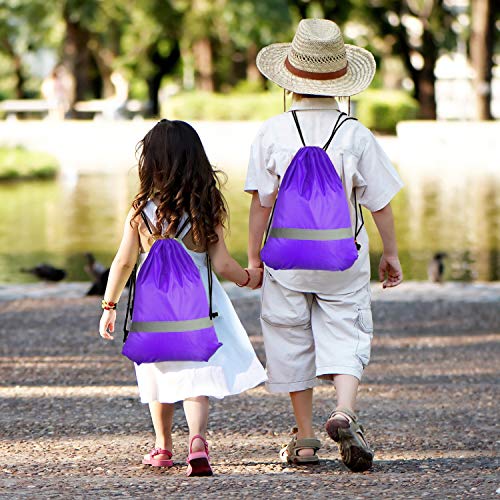 Image of KUUQA 12 Pcs Drawstring Backpack Bag Bulk Reflective Backpack Purple String Bags Cinch Sack Backpack for Team Yoga Sport Gym Traveling