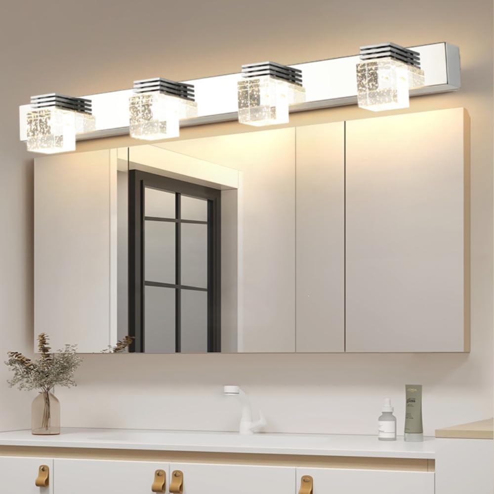 XINYASEE LED Bathroom Mirror Light 6-12W Bathroom Wall Light Cold White 6000K Warm 3000K Modern Makeup Lamp Silver (Warm Light, 4 Heads)