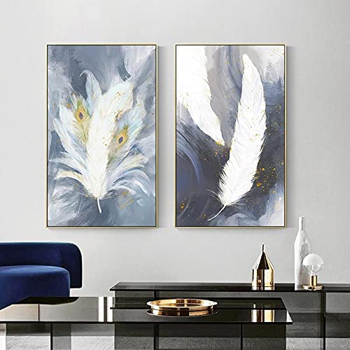 Tableau abstrait plumes nordique 50x70cm lot de 2 affiches sur toile salon