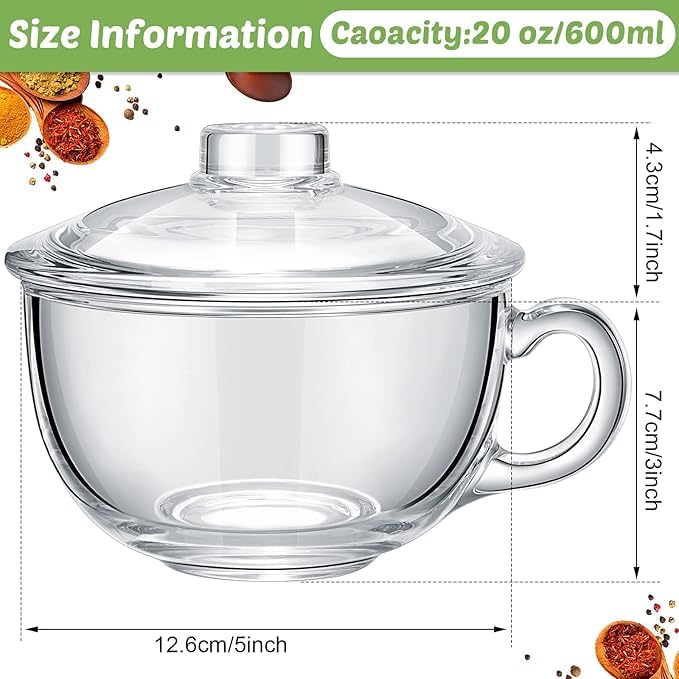 Image of PrimeWorld 2 Pcs Glass Ramen Bowl with Lid and Handle, Microwave Safe Soup Bowl Mixing Pot Transparent Cooking Cereal Bowls Breakfast Bowls for Noodles Soup Cereals Fruits(600 ml / 20 oz)