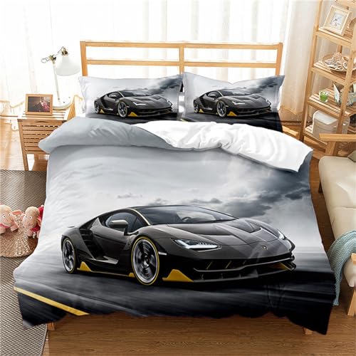 OaKita Parure de Lit Voiture de Sport Bleu Noir Housse de Couette Imprimé Voiture de Sport Microfibre Fast Furious Course 3 pièces pour Adolescents Garçons...