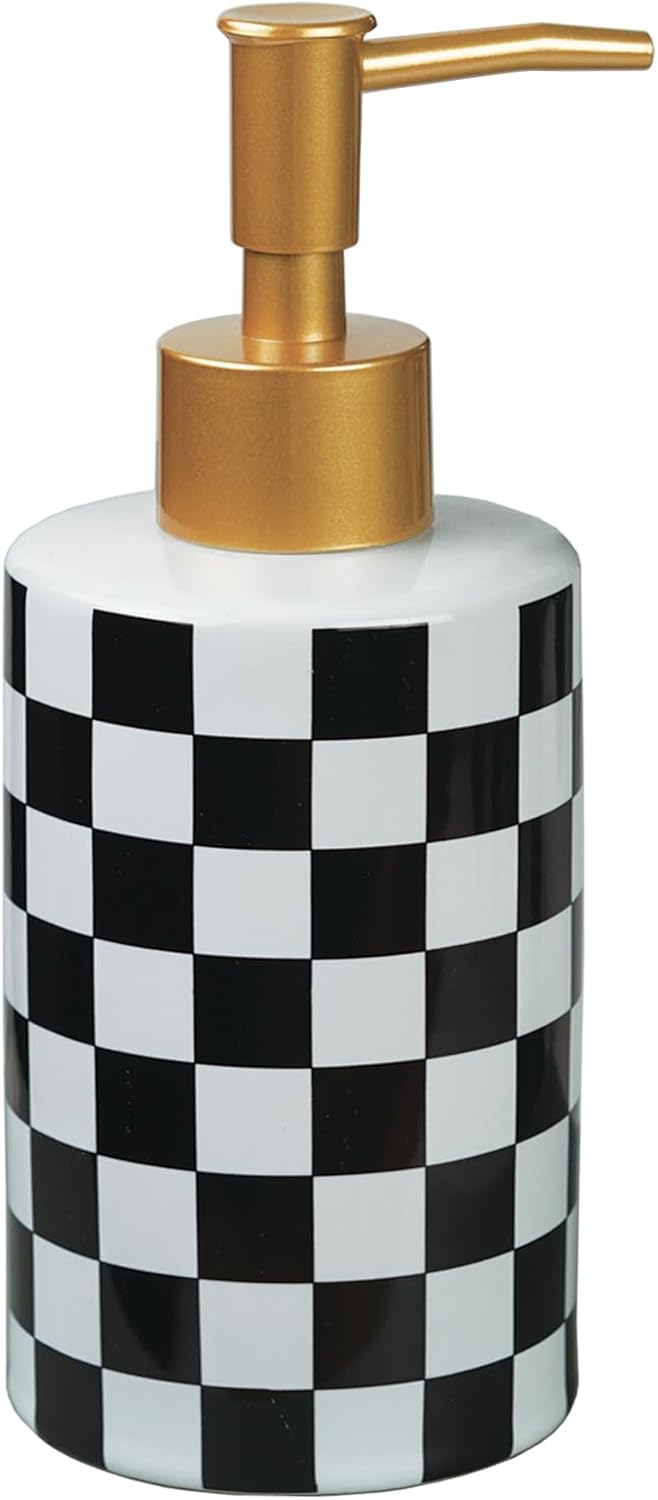 Checkered Ceramic Soap Dispenser White and Black,Liquid Lotion Dish Hand Checkerboard Soap Dispenser Bottle with Golded Pump Plastic for Kitchen,Bathroom,Washroom