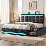 ADORNEVE Queen Bed Frame with 4 Storage Drawers, Upholstered Headboard with Charging Station & LED Lights, Metal and Wood Platform Bed, No Box Spring Needed, Easy Assembly, Black