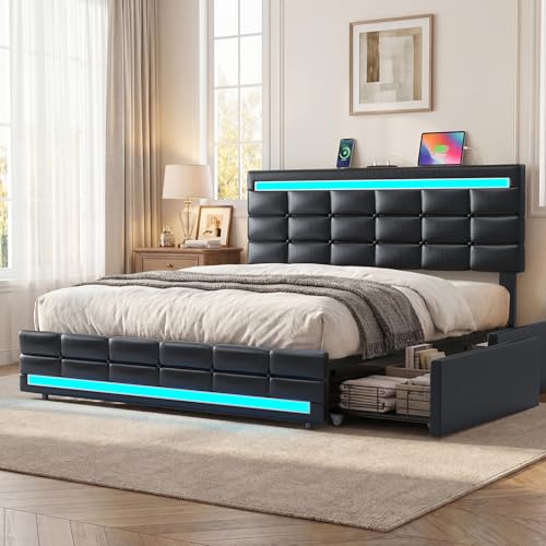 ADORNEVE Queen Bed Frame with 4 Storage Drawers and Charging Station