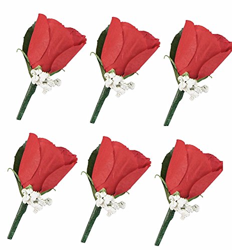 Angel Isabella Set of 6 Apple Red Rose Boutonniere with Pin for Prom, Party, Wedding