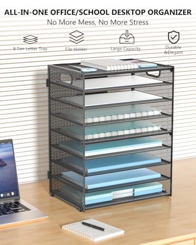Image of WALI Desk File Organizer, 9 Tier Desktop Paper Letter Tray Organizer with Handle, Office Desk Accessories & Workspace Organizers for Office, Home, School Supplies, 1 Pack, Black