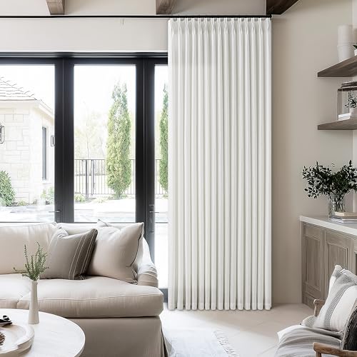 Image of Pinch Pleated Extra Wide Linen Curtains 84 Inches Long 60 Inch Wide 1 Panel | for Patio Sliding Glass Door, Pleated Drapes, with Hooks Rings, Neutral, Semi Sheer, 60x84 , Living Room, Ivory Birch