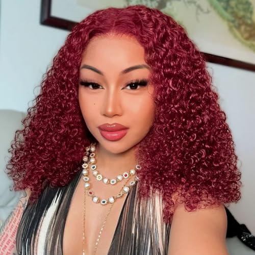 99J Burgundy Deep Wave BOB Lace Front Wigs Human Hair Pre Plucked...