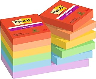 Post-it Super Sticky Notes Playful Color Collection, Pack of 12 Pads, 90 Sheets per Pad, 47,6 mm x 47,6 mm, Red, Orange, Yellow, Green, Blue - Extra Sticky Notes For Note Taking & To Do Lists