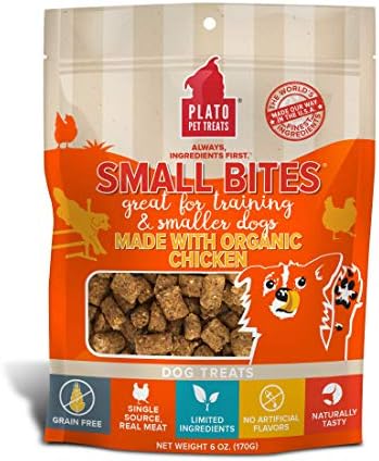 PLATO Small Bites Dog Treats, Natural Bite Sized Real Meat & Chicken Flavor, Grain Free & High in Protein, Air Dried Authentic Ingredients, 2 Calories Per Treat, Made in the USA, 6 Ounces
