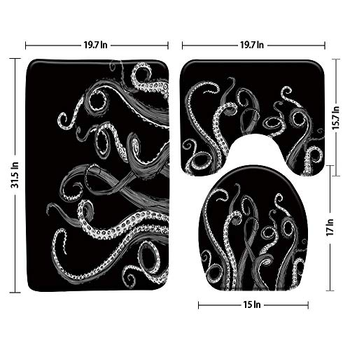 3-teiliges Badteppich-Set, Oktopus-Tentakel, nautische Dekoration, Oktopus, Ozean, Kraken, Kostal, Marine, Monster, Badezimmer, Teppich, U-Form, Konturteppich, Matte, WC-Deckelbezug für Bad – Bild 4