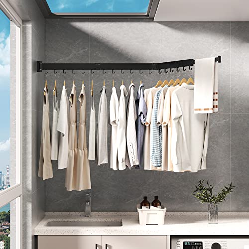 Aduunka Clothes Drying Rack Wall Mounted, Wall Mount Laundry Drying Rack, Drying Rack Clothing, Laundry Rack Retractable, Foldable Clothes Hanger Rack, Laundry Hanging Rack, Black Color（J-Hooks #TOP1