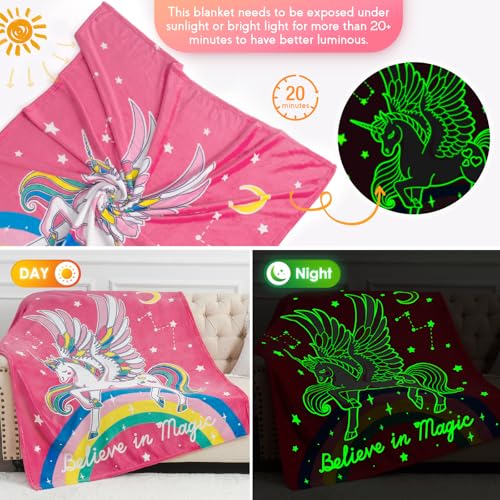 Image of Jekeno Unicorn Toys Gifts for Girls Glow in the Dark Blanket, 50 inchx 60 inch | Unicorn Gifts for Girls birthday Christmas Valentine's Easter Soft Flannel Fleece Throw Blanket for Age 1-18 Years Old