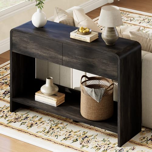 Image of AMERLIFE 45 inch Modern Console Table with 2 Storage Drawers and Open Shelf, Wooden Entryway Table with Curved Edges, Sofa Table Behind Couch for Hallway, Foyer, Entrance, Living Room, Black