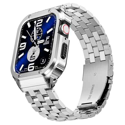 SUPLINK Stainless Steel Case Bands Compatible with Apple Watch Series 10 42mm Band/Apple Watch Series 11 42mm Band, Metal Rugged Protective Bumper Case for iWatch Bands Men, Silver