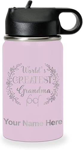 Miniatura 20 de LaserGram Botella de agua personalizada, World's Greatest Grandma, acero inoxidable de doble pared aislada al vacío con popote superior, regalo