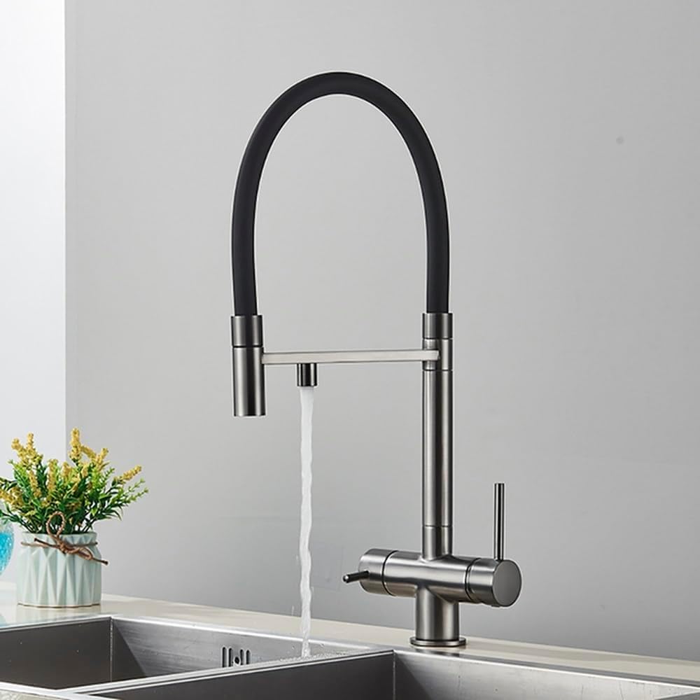 Kitchen Water Filter Faucet Dual Spout Pure Drinking Mixer Tap Rotation Purification Crane, (Grey Matte a)