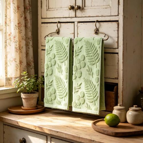 yuboo 2 Pcs Green Leaf Hand Towels Set for Bathroom, 3D Tufted Decorative Soft Cotton Absorbent Kitchen Towels, Summer Farmhouse for Dorm Home Bathroom, Perfect Back to School Gift, 13"x29" — view 5