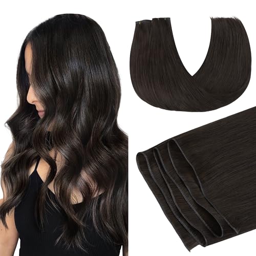 Image of GOO GOO Genius Weft Hair Extensions Human Hair, Sew In Hair Extensions Rooted Remy Weft, 2 Dark Brown 20inch 120g, Hand Tied Weft Hair Extensions