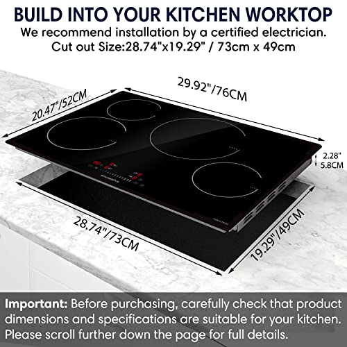 Induction Cooktop 30 Inch, Electric Cooktop 4 Burners, Drop-in Induction Cooker Ceramic Glass Induction Burner With Timer, Child Lock, 9 Heating Level and Sensor Touch Control, ETL & FCC Certified - Thumbnail 2