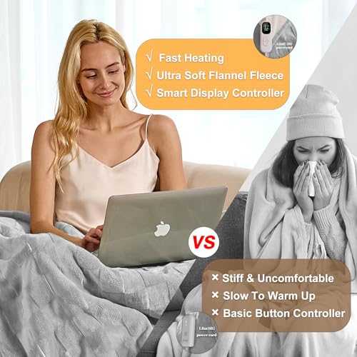 Image of IUUI Heated Blanket Electric King Dual Controller- 90x100 Inches Soft Flannel Heating Blanket,Fast Heating Blanket 6 Heating Levels & 2 Hours Auto Off ETL Certification (Silver Grey, King)