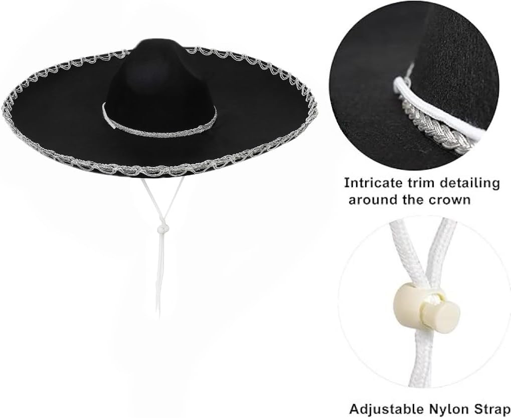 GiftExpress Adult Black Sombrero Hat, 18-Inch Wide – Mariachi-Style Costume Sombrero with Silver Braid Trim, Polyester, One Size Fits Most - Image 4