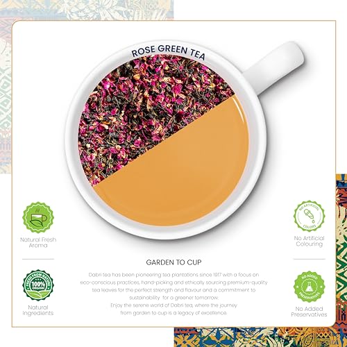 Image of Dabri Rose Green Tea Loose Leaves 16 Pyramid Dip Tea Bags| For Glowing Skin & Hair (Men & Women)| Natural Rose Petals | Antioxidant-Rich | Organic Blend | Relieves Stress & Supports Weight Control
