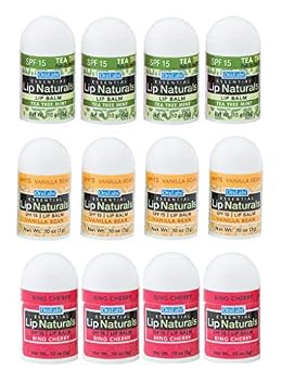 Lip Naturals® | Assorted Mini Lip Balm with Sunscreen (SPF-15) | Made in USA | 12-Count Pack with Bing Cherry, Tea Tree Mint, and Vanilla Bean Flavors (0.10oz/3g Each)