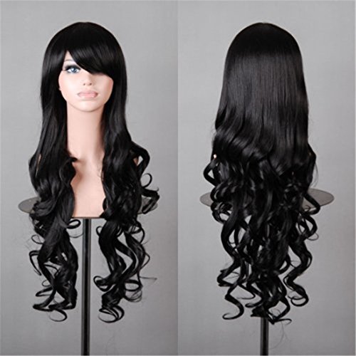 Chiguo Perücke 80cm Glamourös Blond Langes Spirale lockige Haar Blond Schwarz Braun Rosa Grau Usw Perücken für Damen Karneval Cosplay Halloween Schaufensterpuppen Mottoparties (Schwarz)