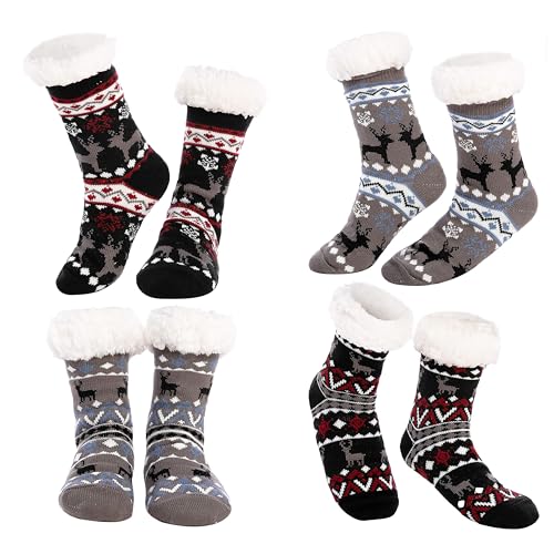 JOYIN 4 PCS Christmas Fuzzy Slipper Socks, Soft Crew Socks Deer Patterns for Winter Christmas, Holiday or Birthday Gift